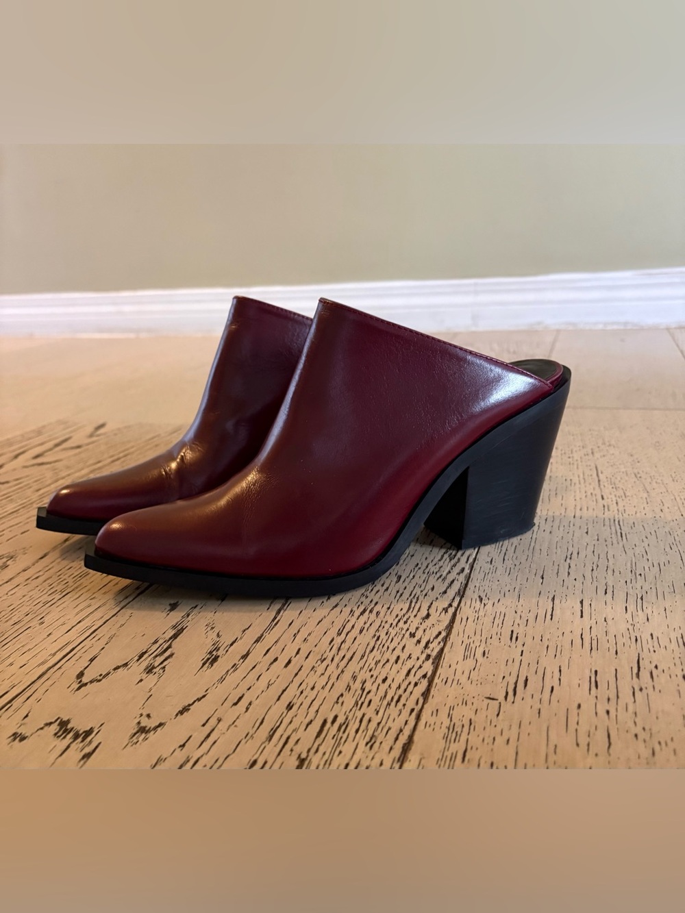 Zara Burgundy Leather Slip-On Block Heel Mules